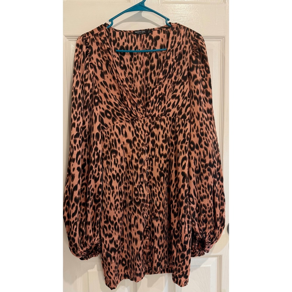 Nasty Gal Leopard Print Mini Dress Long Sleeve V Neck Pink Black Size 6